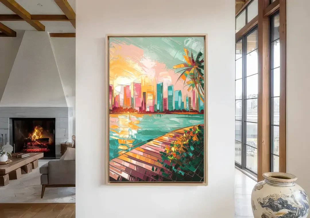 Miami Sunrise Over Water canvas wall art in a living room with a fireplace