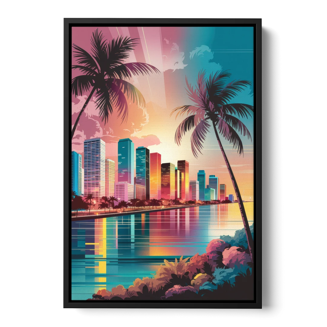 Miami Sunset Boulevard - Black Framed Canvas Wall Art - Front