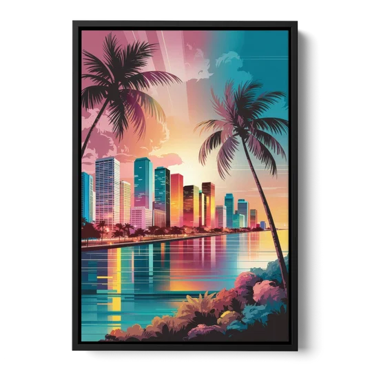 Miami Sunset Boulevard - Black Framed Canvas Wall Art - Front