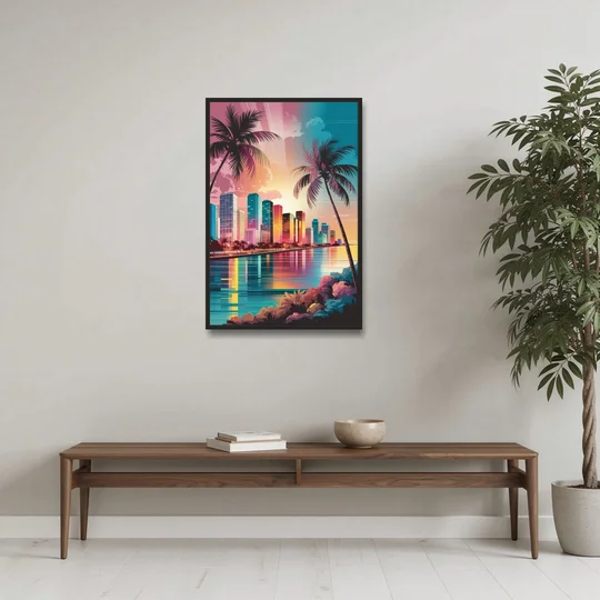 Miami Sunset Boulevard - Black Framed Canvas Wall Art - Coffee Table - 24x36