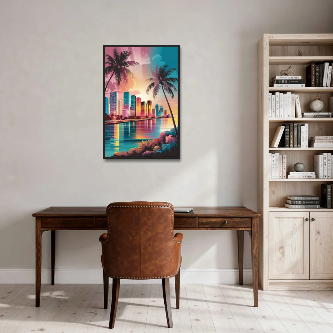 Miami Sunset Boulevard - Black Framed Canvas Wall Art - Office - 24x36