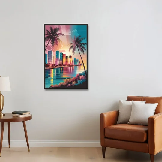 Miami Sunset Boulevard - Black Framed Canvas Wall Art - Sofa - 24x36
