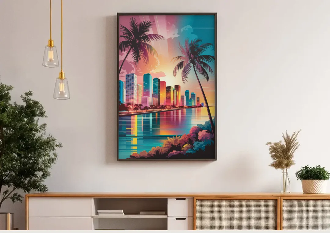 Miami Sunset Boulevard canvas wall art above a wooden sideboard under pendant lights