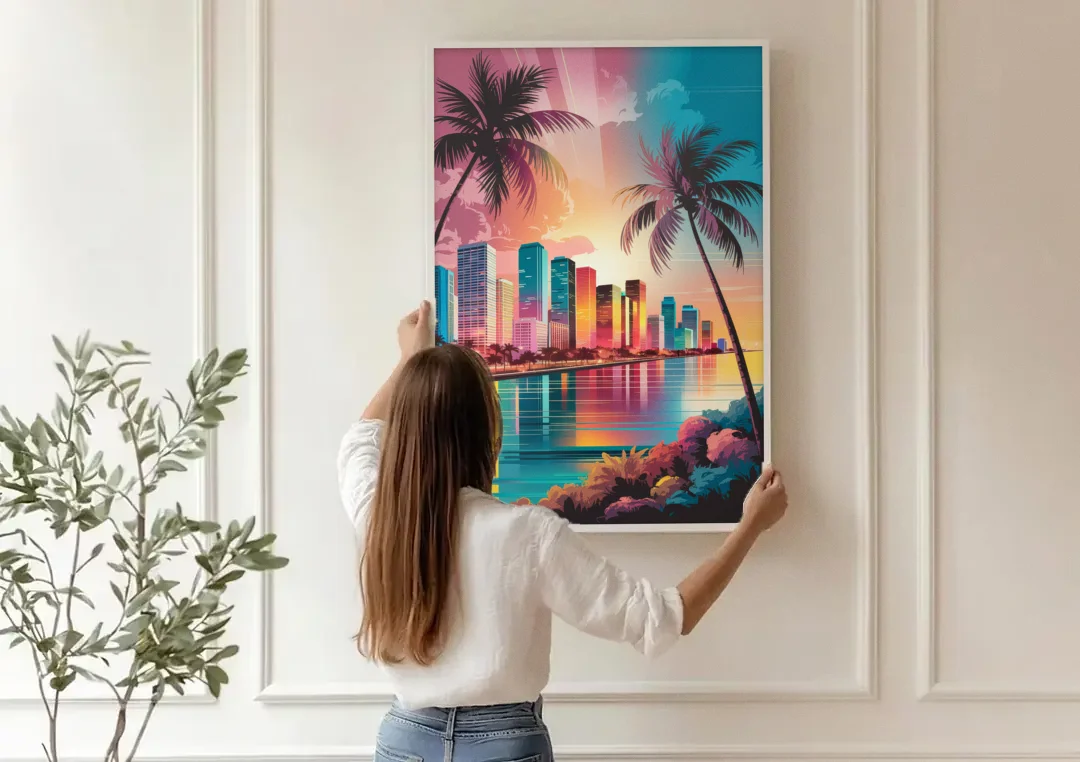Miami Sunset Boulevard canvas wall art being hung on a paneled wall