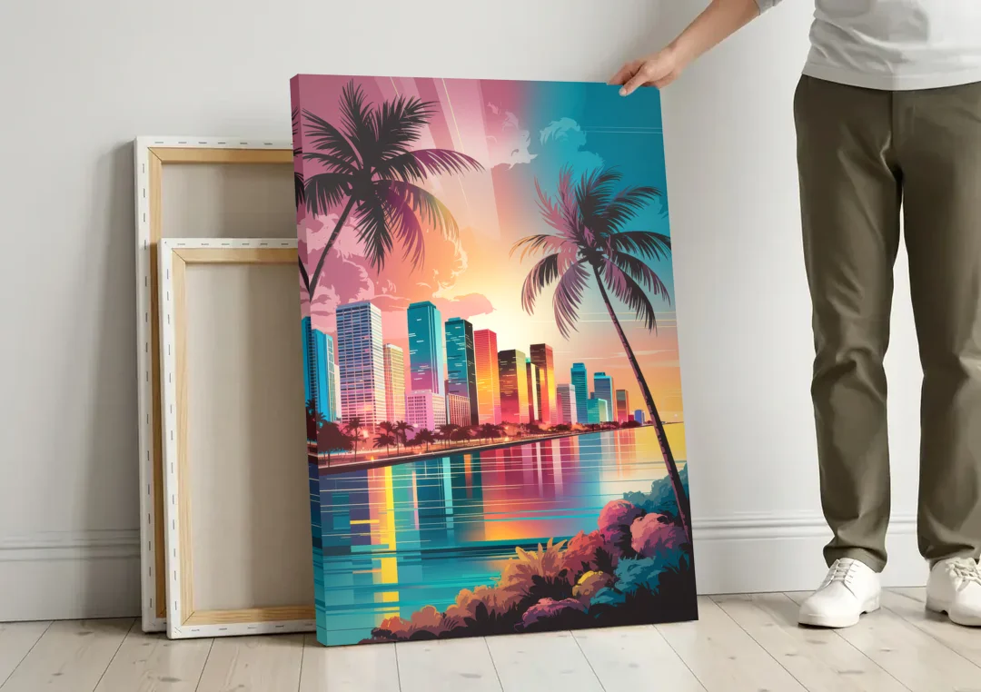 Miami Sunset Boulevard canvas wall art leaning against a wall next to blank canvases