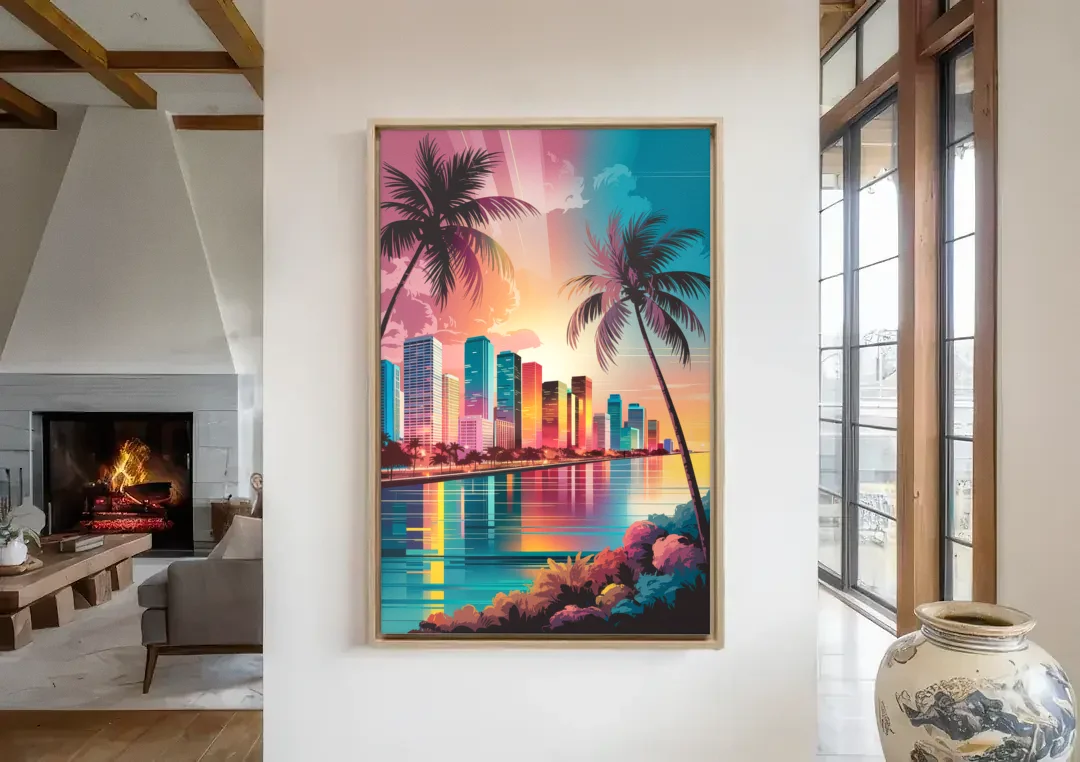 Miami Sunset Boulevard canvas wall art in a living room with a fireplace