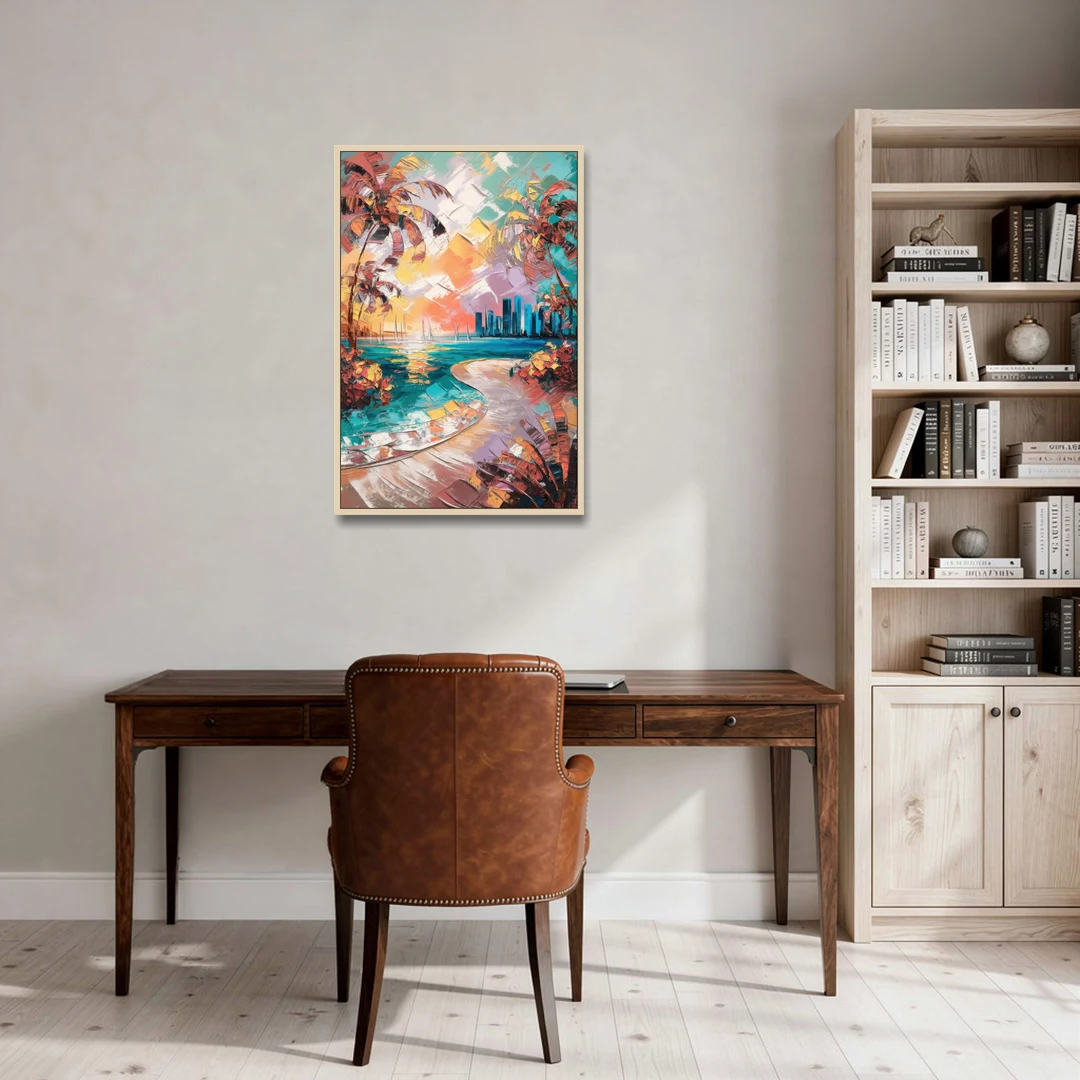 Miami Tropical Paradise - Oak Framed Canvas Wall Art - Office - 24x36