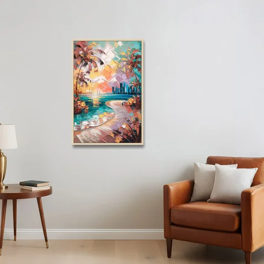 Miami Tropical Paradise - Oak Framed Canvas Wall Art - Sofa - 24x36