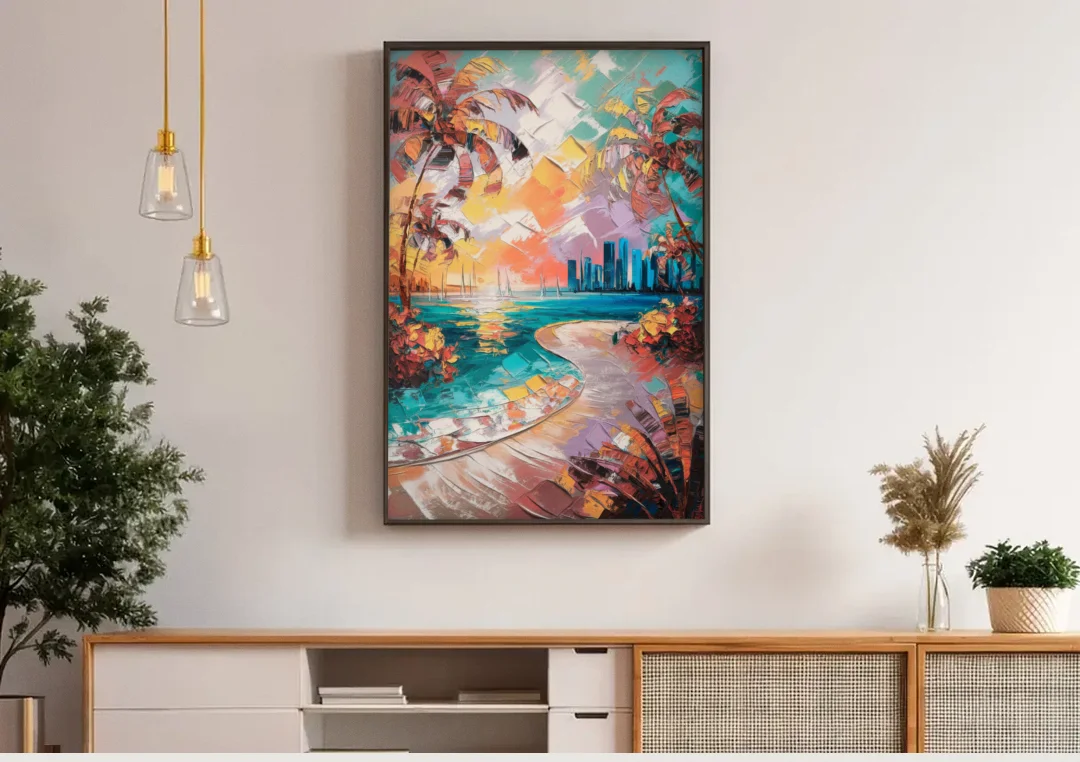 Miami Tropical Paradise canvas wall art above a wooden sideboard under pendant lights
