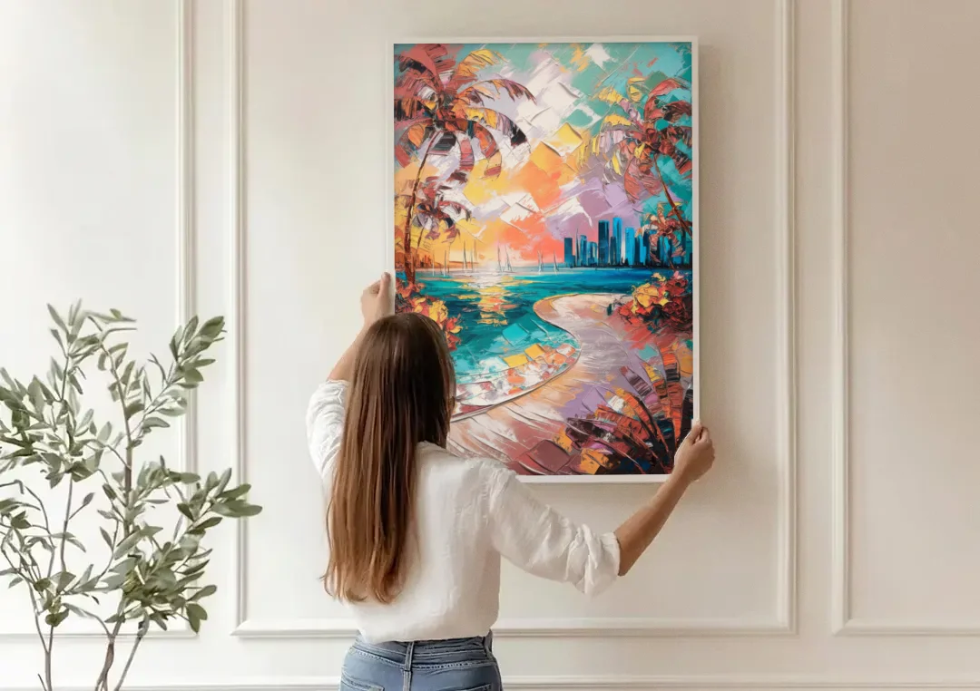 Miami Tropical Paradise canvas wall art being hung on a paneled wall