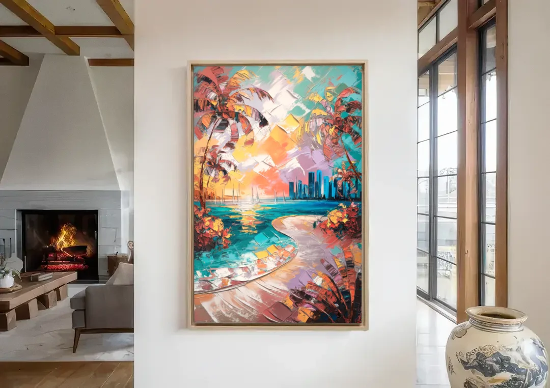 Miami Tropical Paradise canvas wall art in a living room with a fireplace