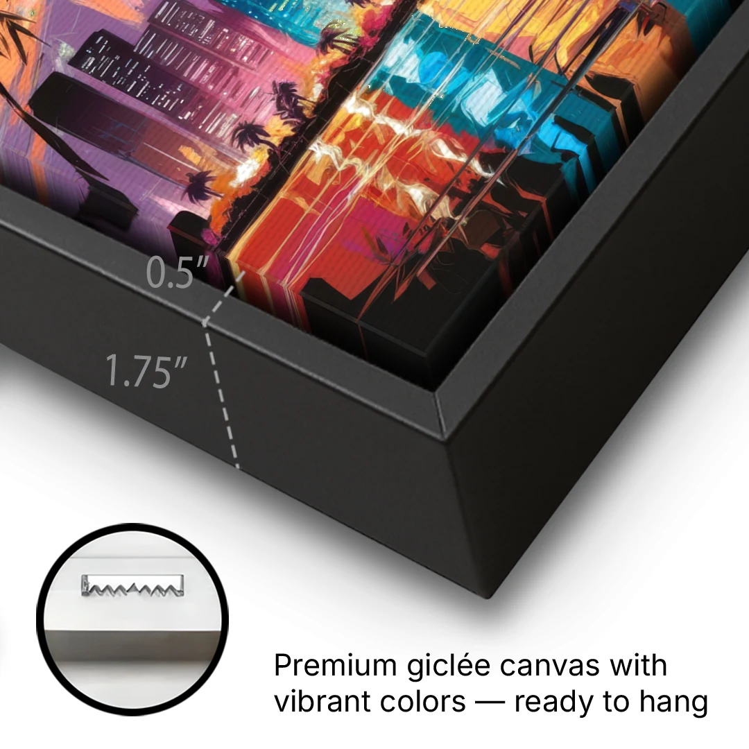 Miami Urban Sunset Glow - Black Framed Canvas Wall Art - Gallery Wrap Corner