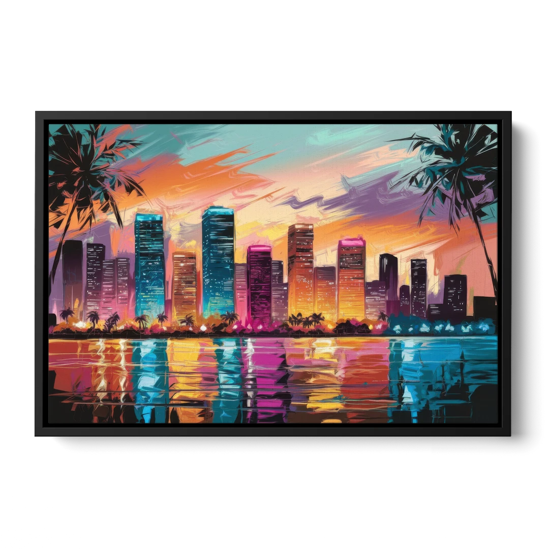 Miami Urban Sunset Glow - Black Framed Canvas Wall Art - Front
