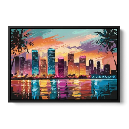 Miami Urban Sunset Glow - Black Framed Canvas Wall Art - Front