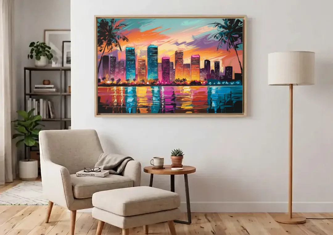 Miami Urban Sunset Glow canvas wall art above an armchair in a bright living room