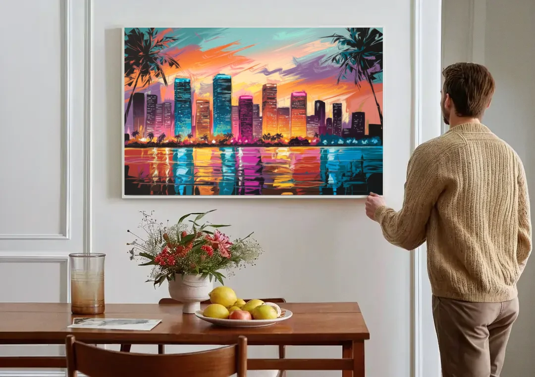 Miami Urban Sunset Glow canvas wall art above a dining table