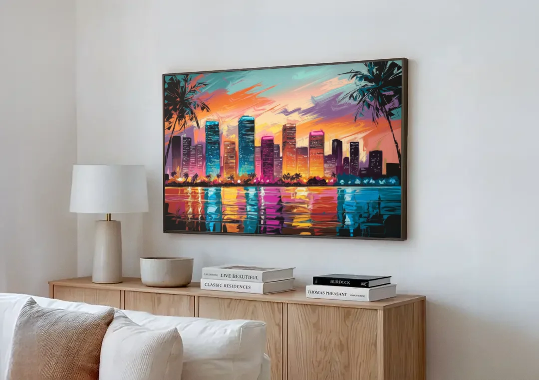 Miami Urban Sunset Glow canvas wall art above a wooden sideboard next to a sofa