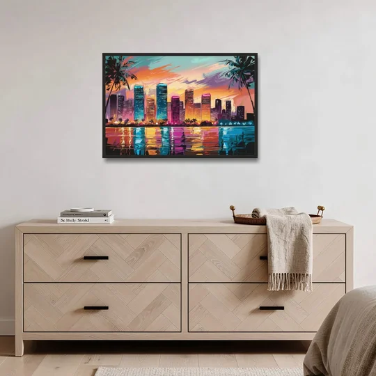 Miami Urban Sunset Glow - Black Framed Canvas Wall Art - Coffee Table - 36x24