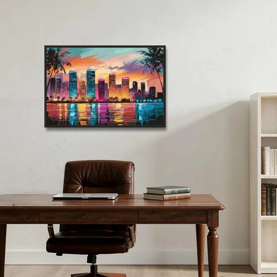 Miami Urban Sunset Glow - Black Framed Canvas Wall Art - Office - 36x24