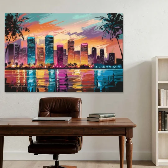 Miami Urban Sunset Glow - Canvas Wall Art - Office - 60x40