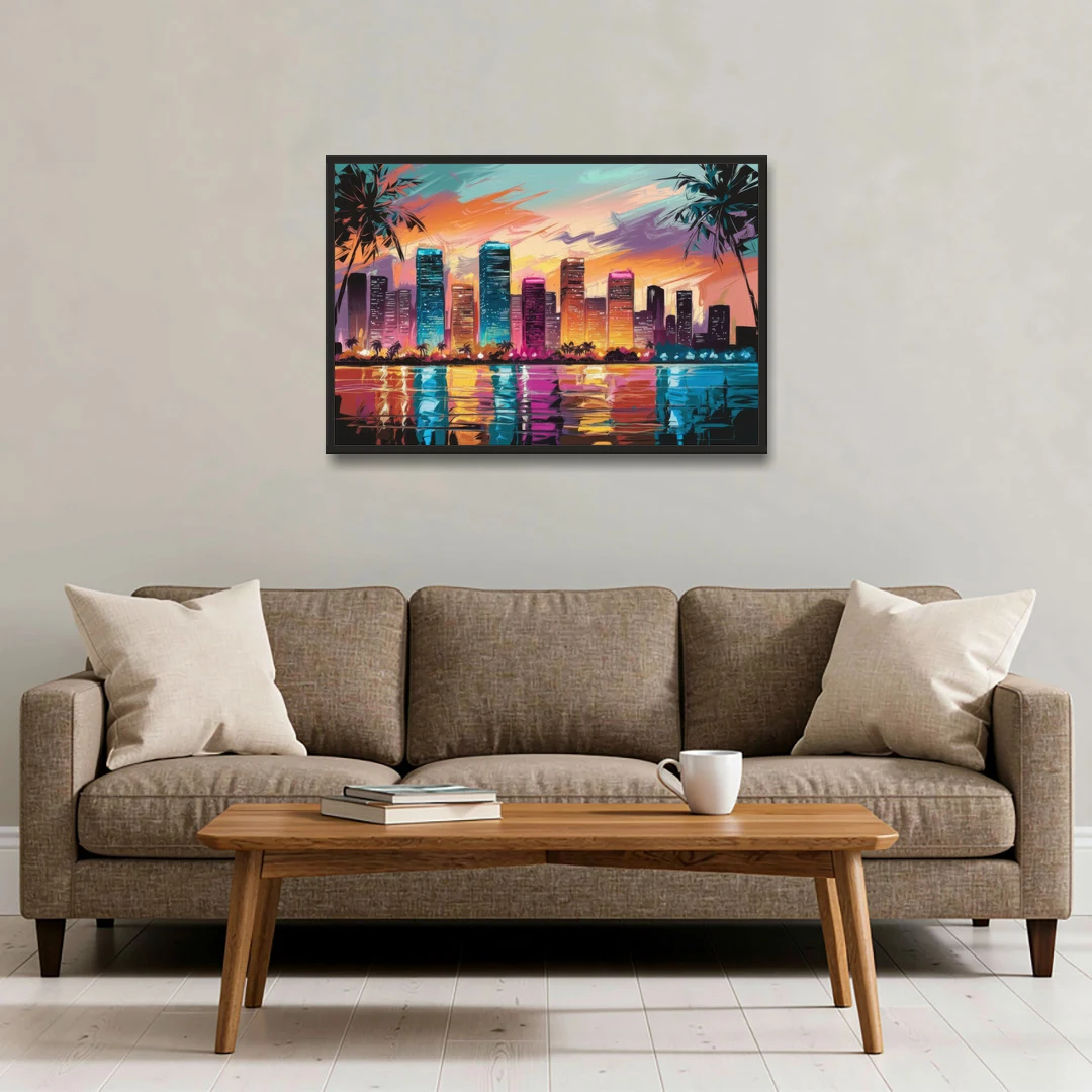 Miami Urban Sunset Glow - Black Framed Canvas Wall Art - Sofa - 36x24