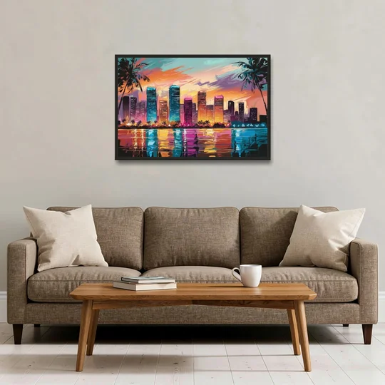 Miami Urban Sunset Glow - Black Framed Canvas Wall Art - Sofa - 36x24