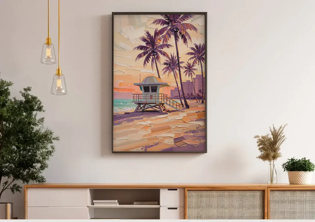 Miami Vibrant Colors canvas wall art above a wooden sideboard under pendant lights