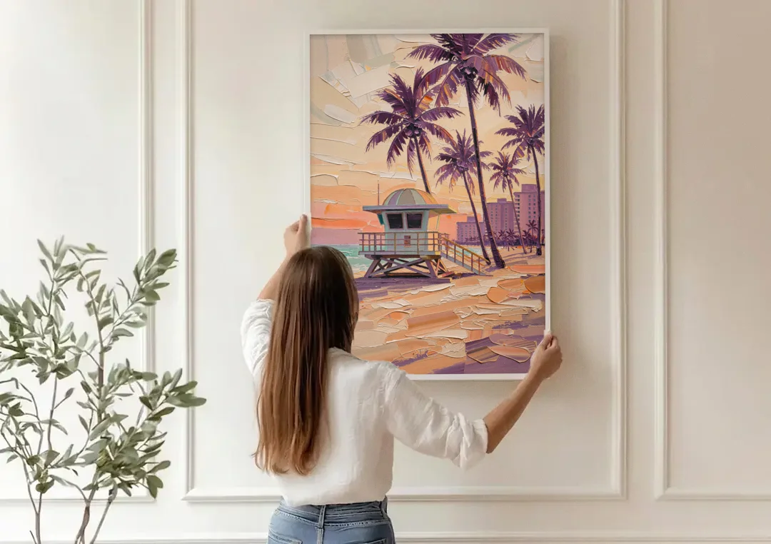 Miami Vibrant Colors canvas wall art being hung on a paneled wall