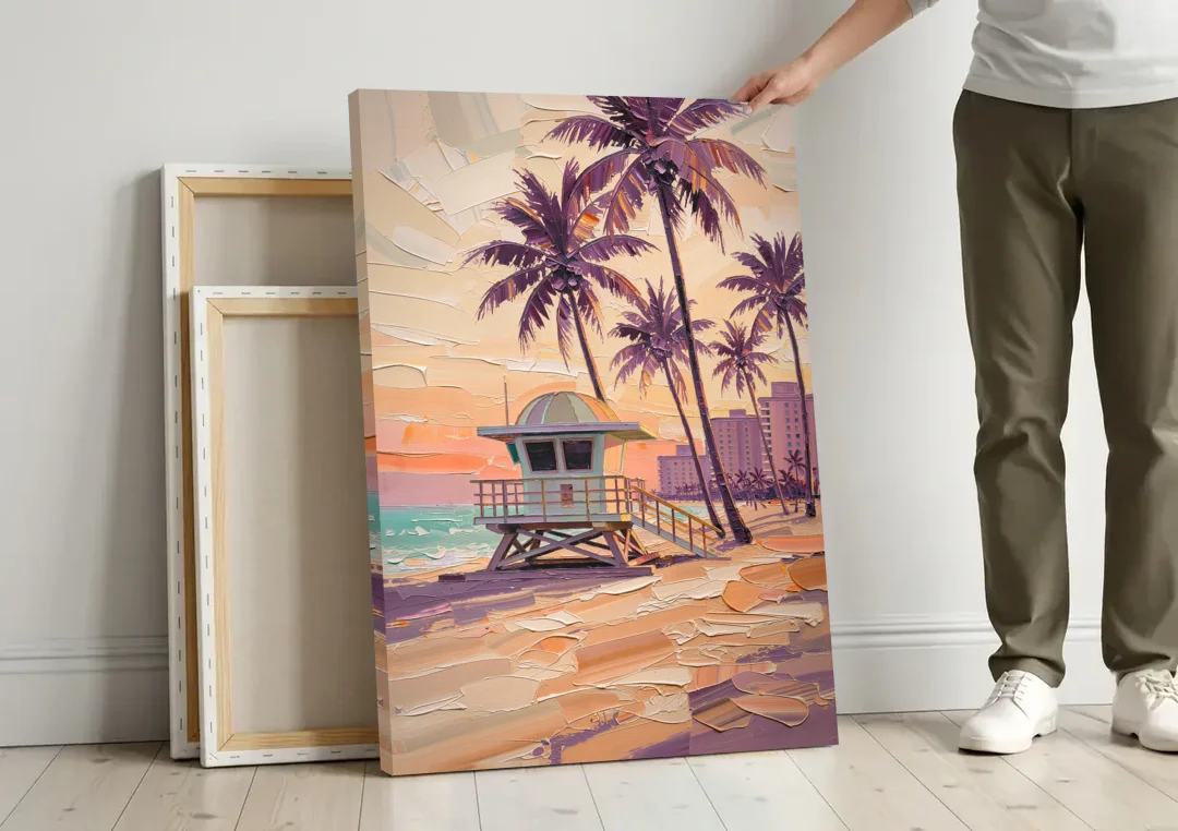 Miami Vibrant Colors canvas wall art leaning against a wall next to blank canvases
