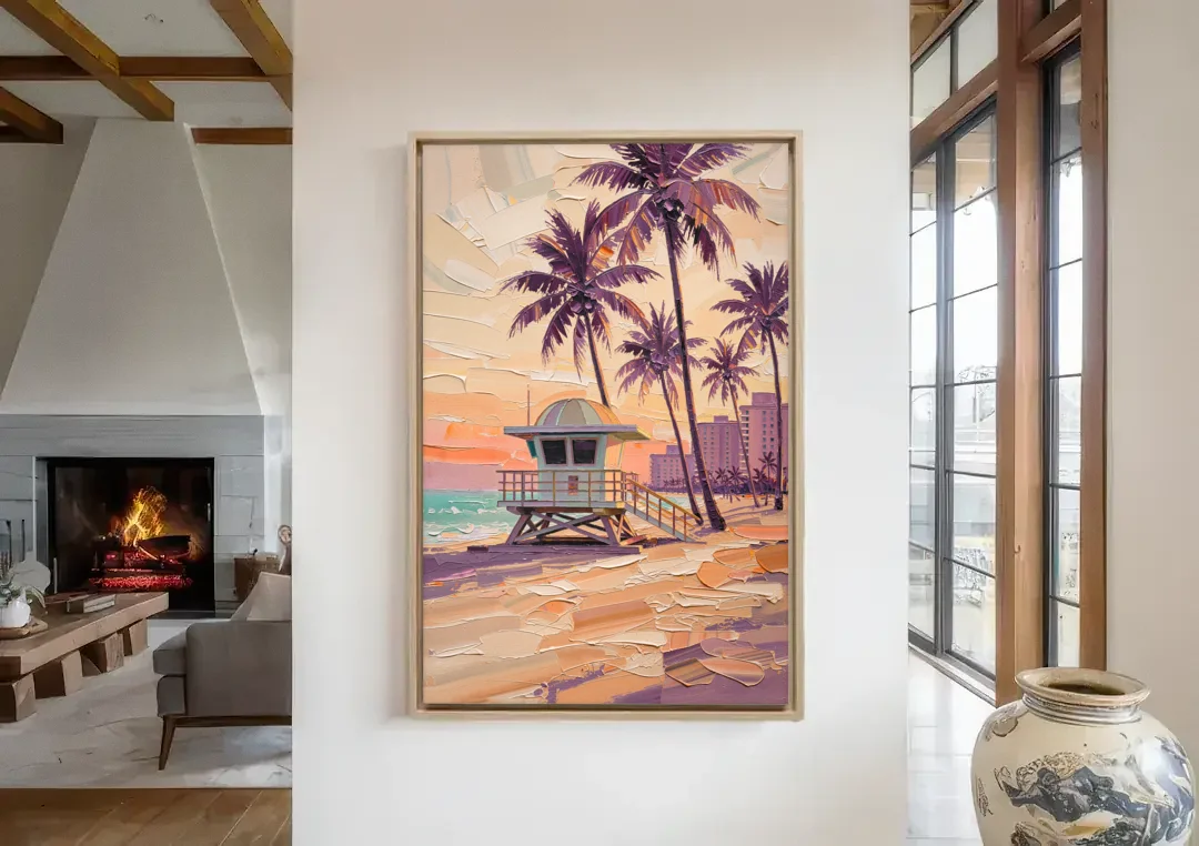 Miami Vibrant Colors canvas wall art in a living room with a fireplace