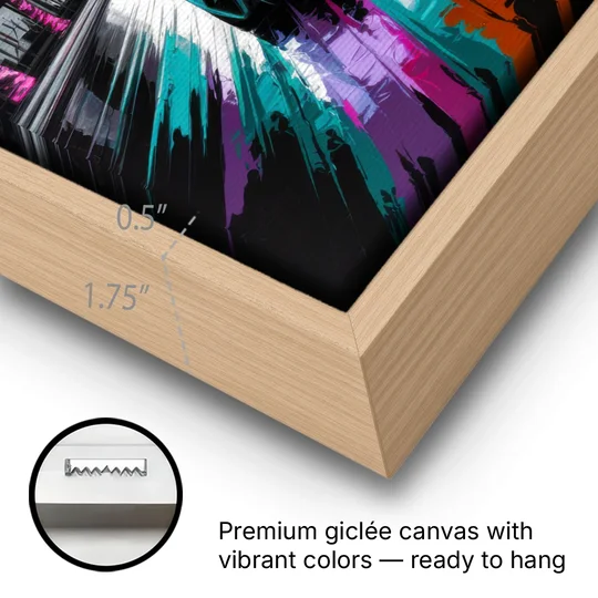Miami Vice Neon Nights - Oak Framed Canvas Wall Art - Gallery Wrap Corner