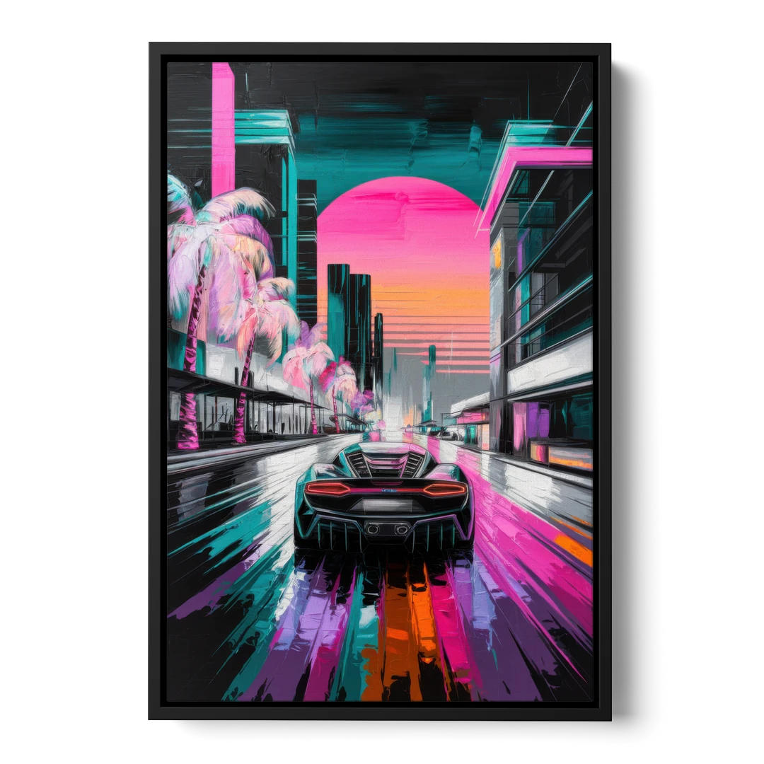 Miami Vice Neon Nights - Black Framed Canvas Wall Art - Front