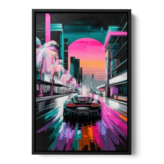 Miami Vice Neon Nights - Black Framed Canvas Wall Art - Front