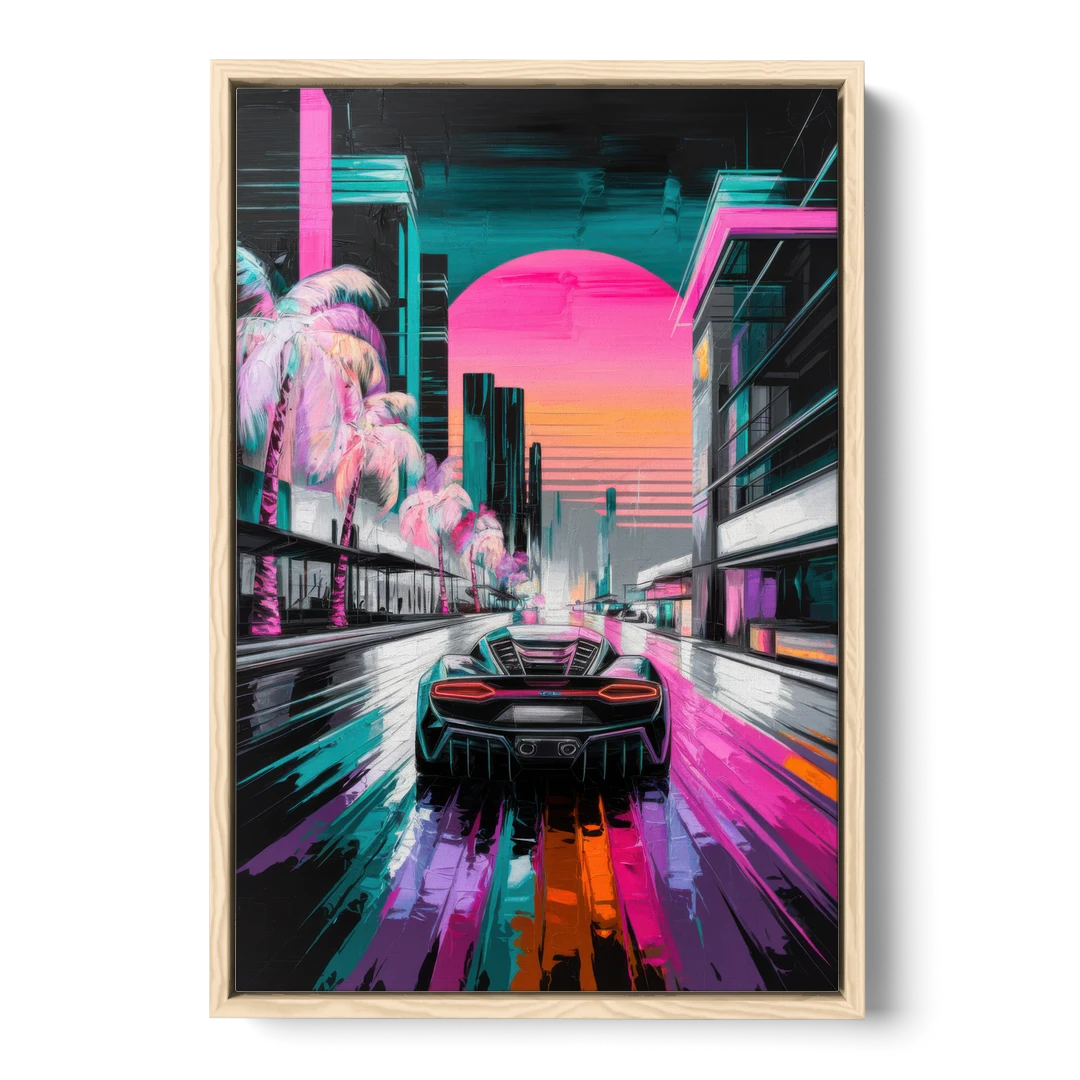 Miami Vice Neon Nights - Oak Framed Canvas Wall Art - Front
