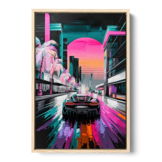 Miami Vice Neon Nights - Oak Framed Canvas Wall Art - Front