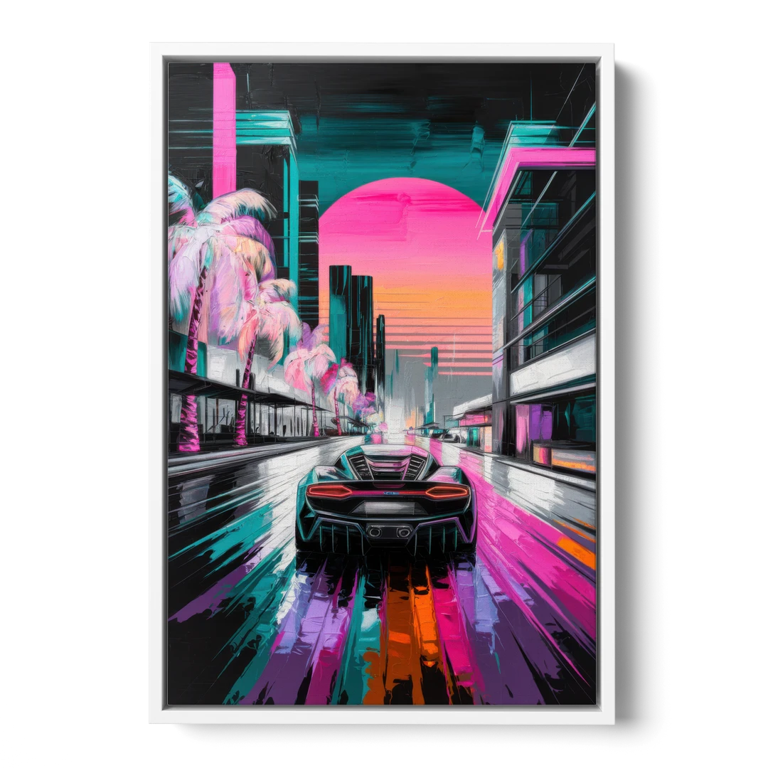 Miami Vice Neon Nights - White Framed Canvas Wall Art - Front
