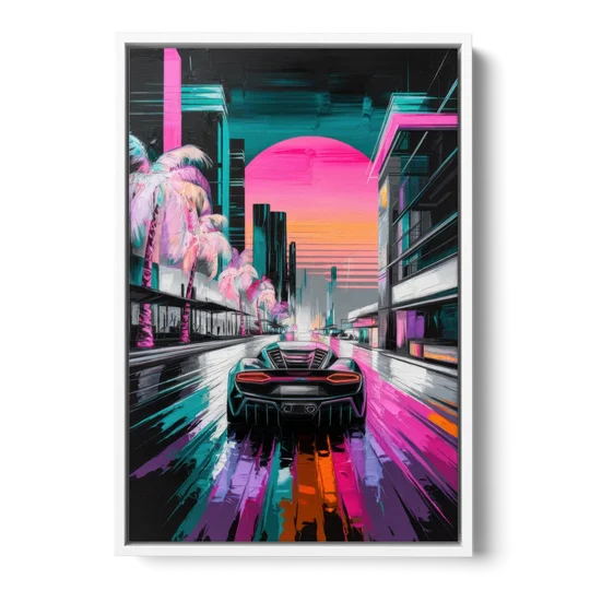 Miami Vice Neon Nights - White Framed Canvas Wall Art - Front