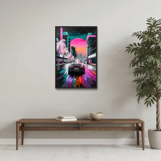 Miami Vice Neon Nights - Black Framed Canvas Wall Art - Coffee Table - 24x36