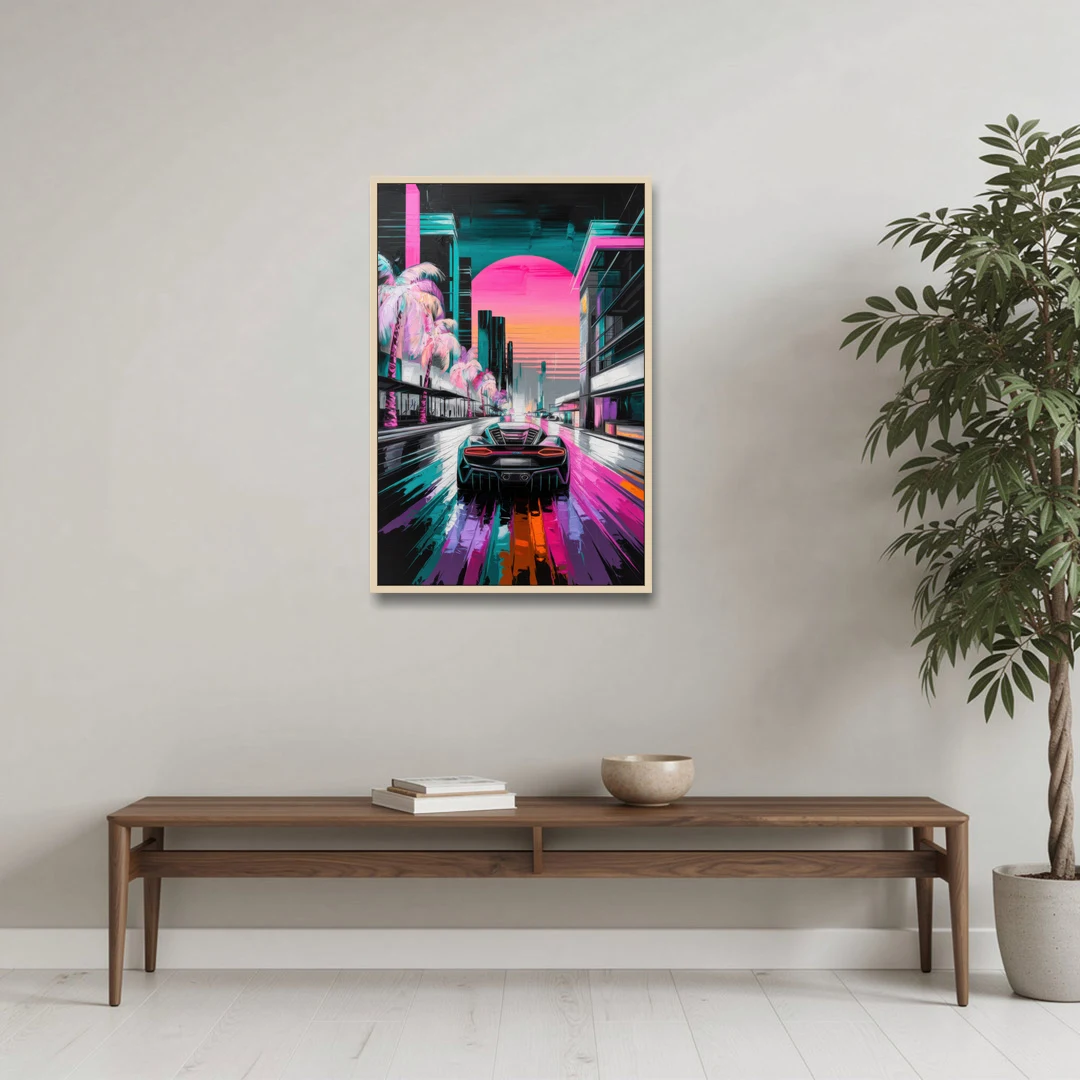 Miami Vice Neon Nights - Oak Framed Canvas Wall Art - Coffee Table - 24x36