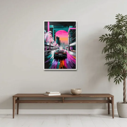 Miami Vice Neon Nights - White Framed Canvas Wall Art - Coffee Table - 24x36
