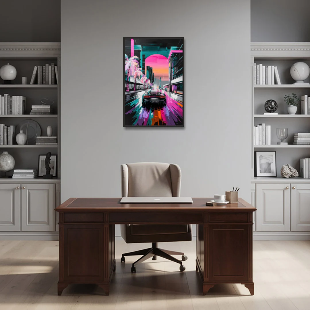Miami Vice Neon Nights - Black Framed Canvas Wall Art - Office - 24x36