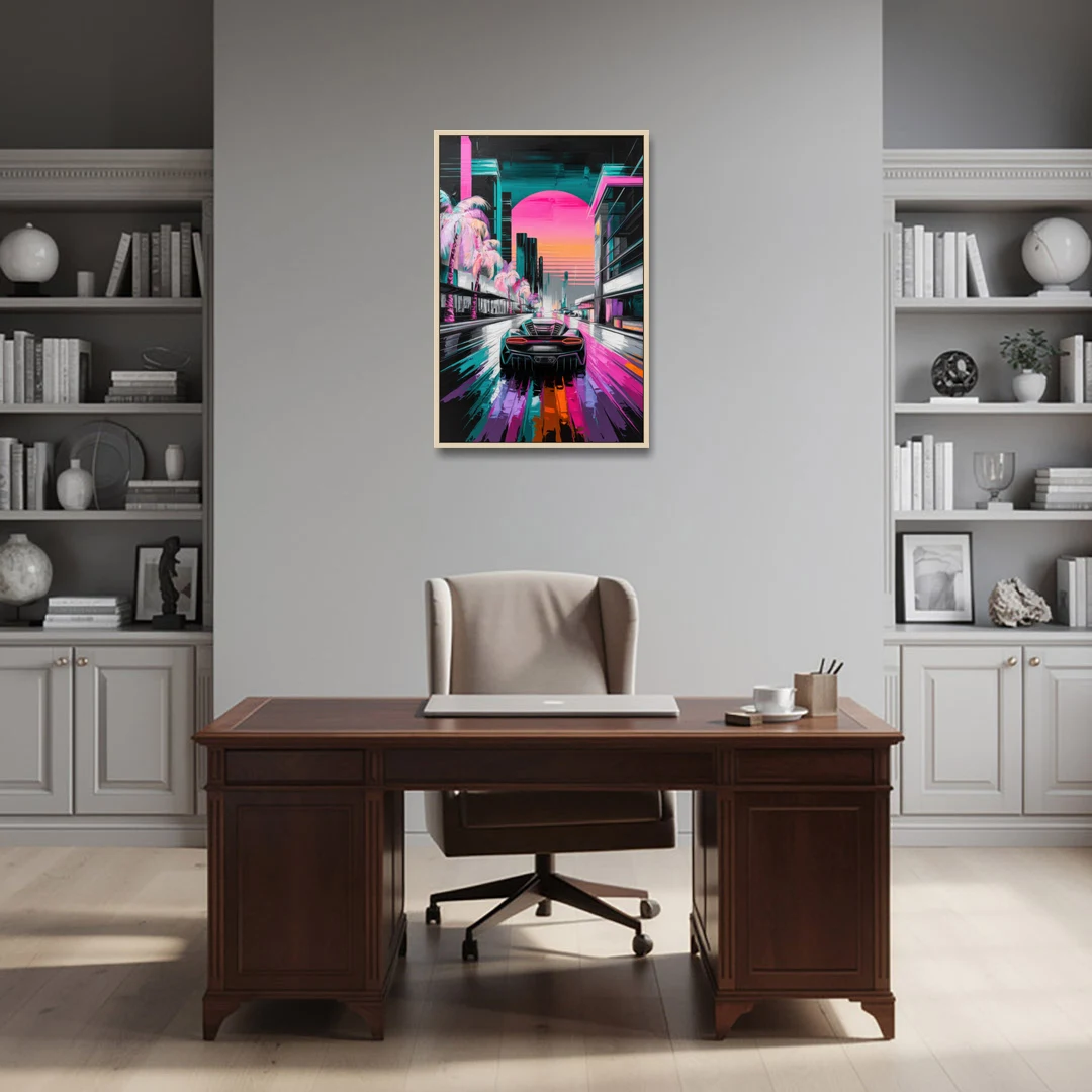 Miami Vice Neon Nights - Oak Framed Canvas Wall Art - Office - 24x36