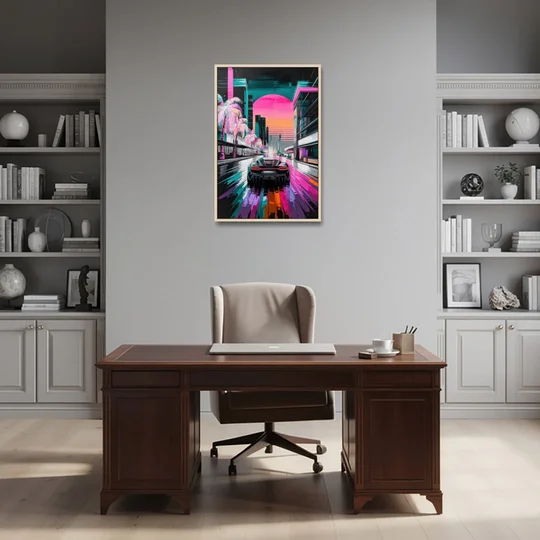 Miami Vice Neon Nights - Oak Framed Canvas Wall Art - Office - 24x36