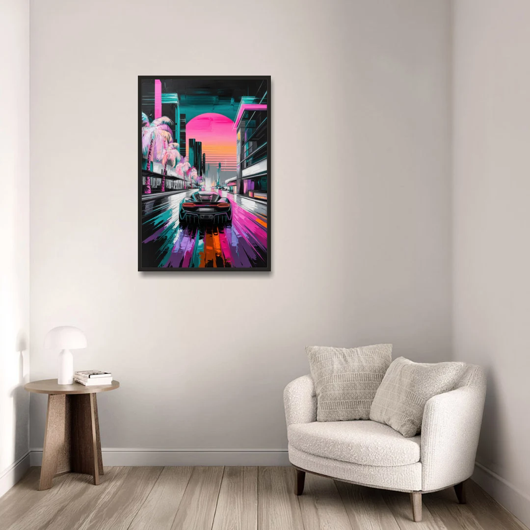 Miami Vice Neon Nights - Black Framed Canvas Wall Art - Sofa - 24x36