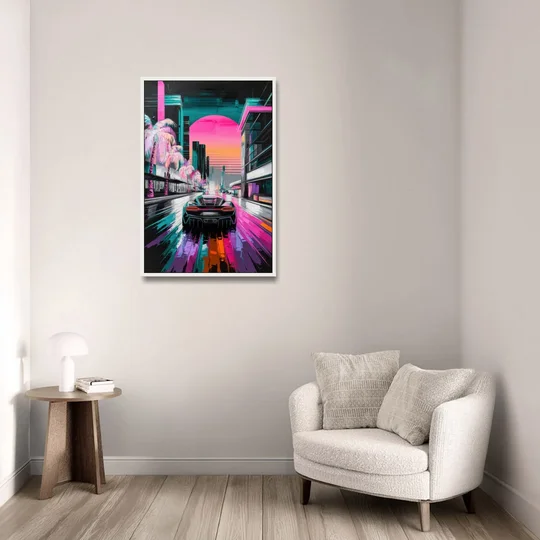 Miami Vice Neon Nights - White Framed Canvas Wall Art - Sofa - 24x36