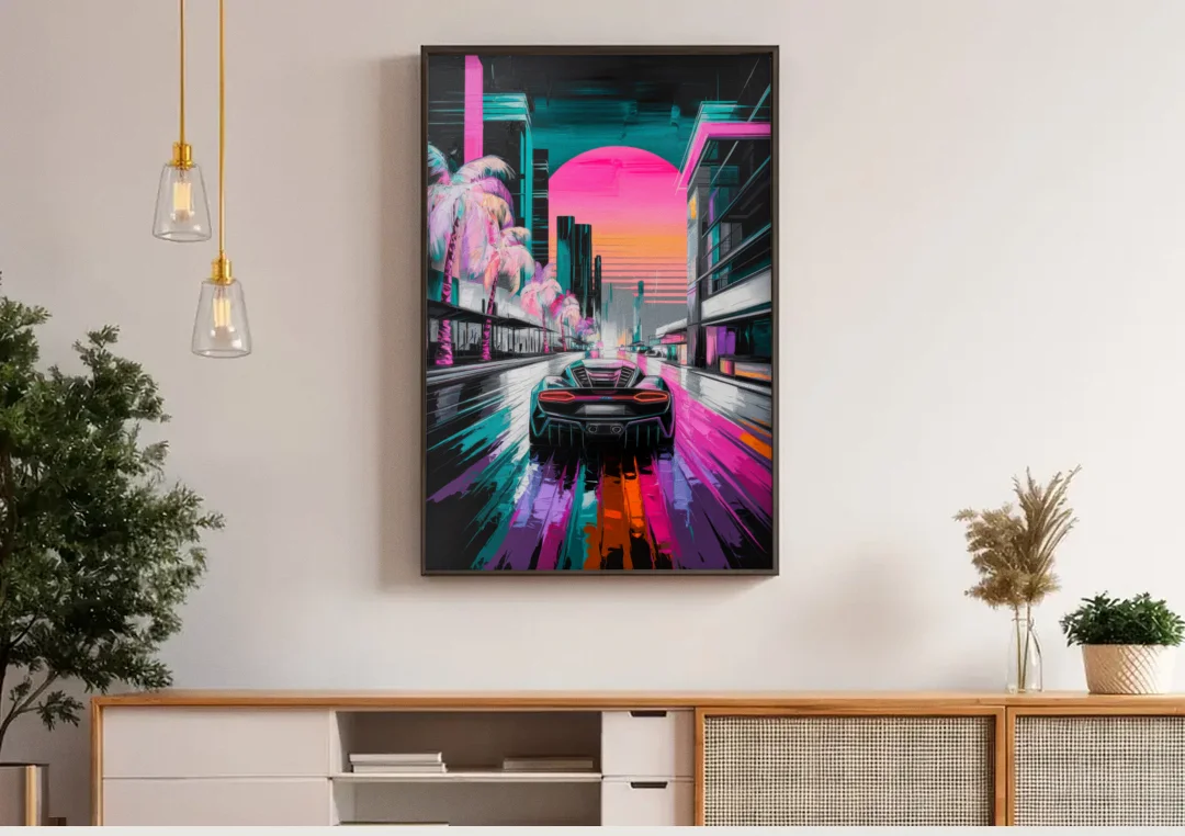 Miami Vice Neon Nights canvas wall art above a wooden sideboard under pendant lights