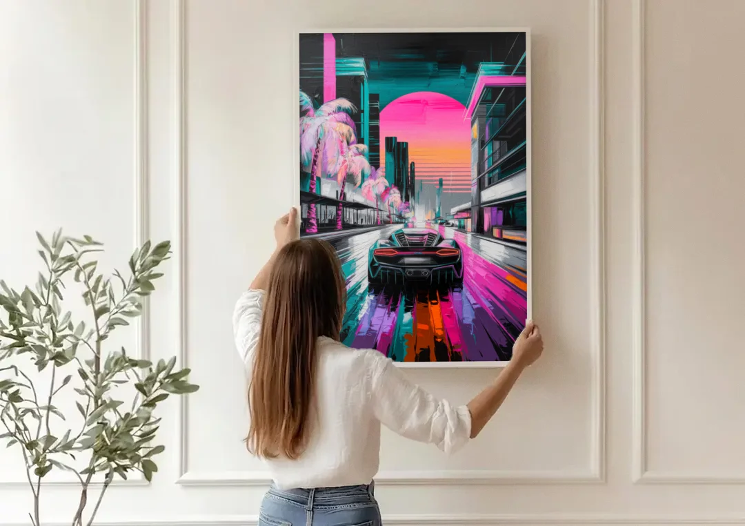 Miami Vice Neon Nights canvas wall art being hung on a paneled wall