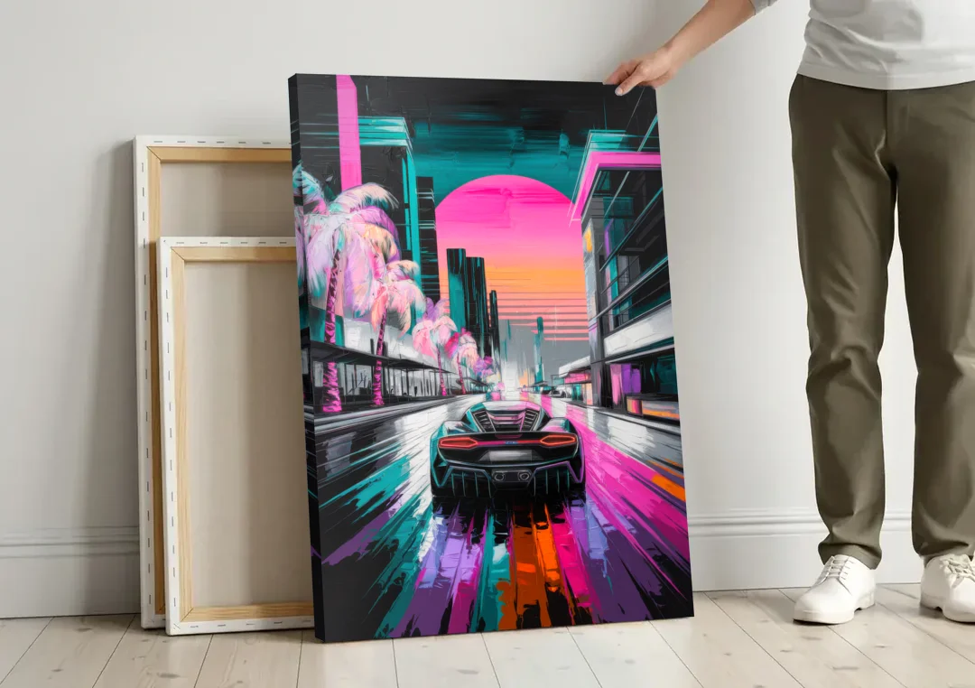 Miami Vice Neon Nights canvas wall art leaning against a wall next to blank canvases