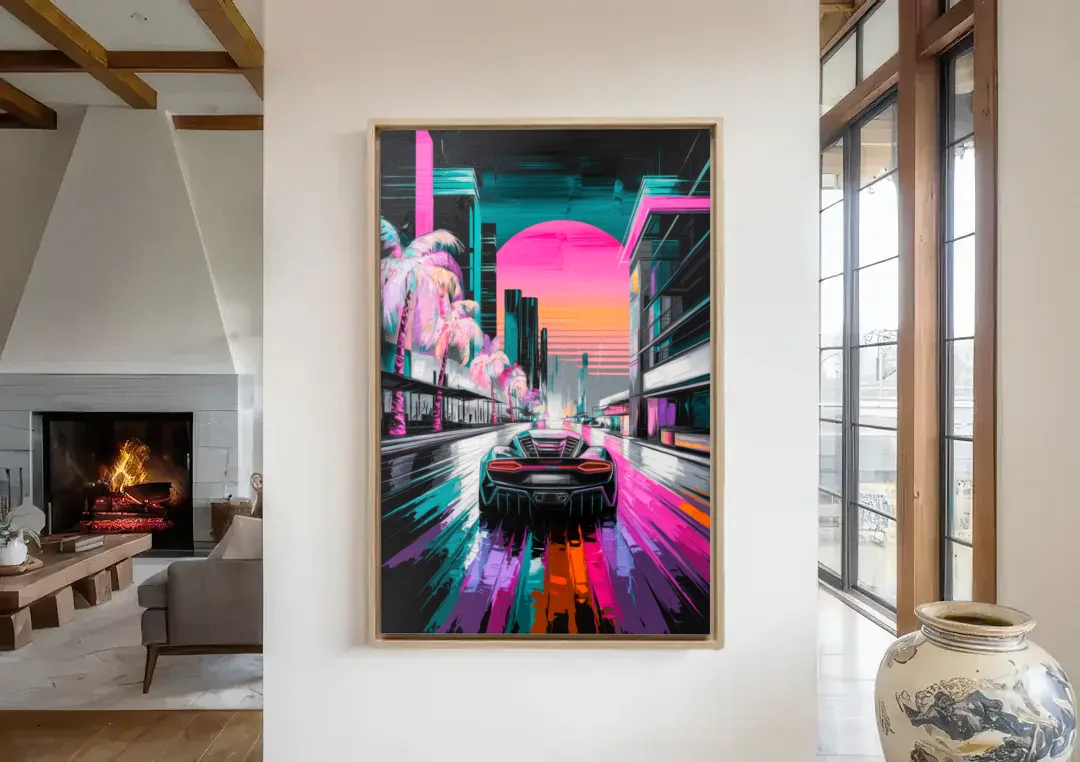 Miami Vice Neon Nights canvas wall art in a living room with a fireplace