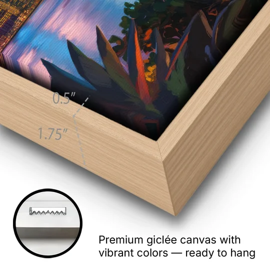 Miami Waterfront Skyline - Oak Framed Canvas Wall Art - Gallery Wrap Corner